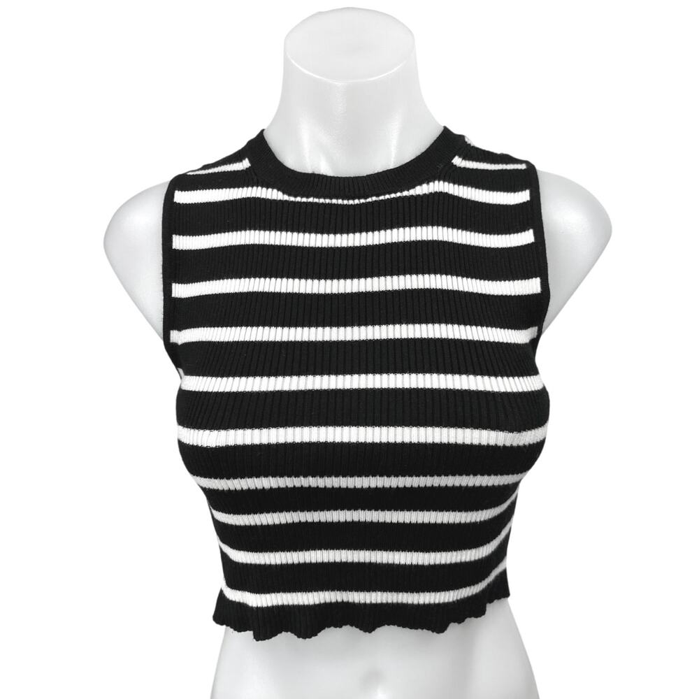 Hunter & Brown Black White Striped Rib Knit Sleeveless Racerback Crop Tank Top S